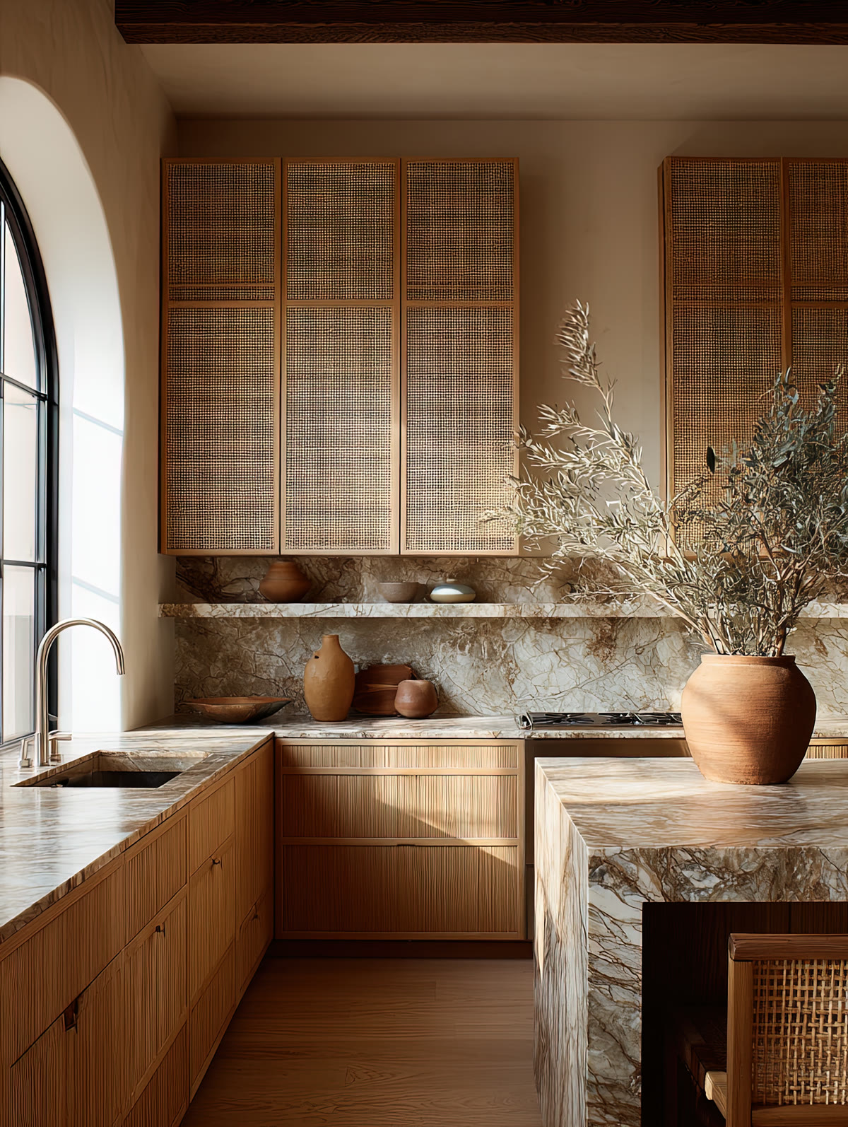Warm oak kitchen in golden-hour light
