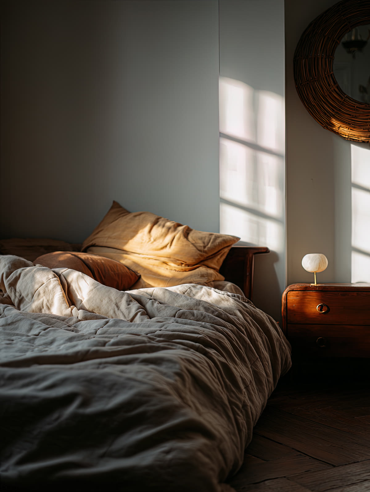 Bedroom glowing in golden-hour light