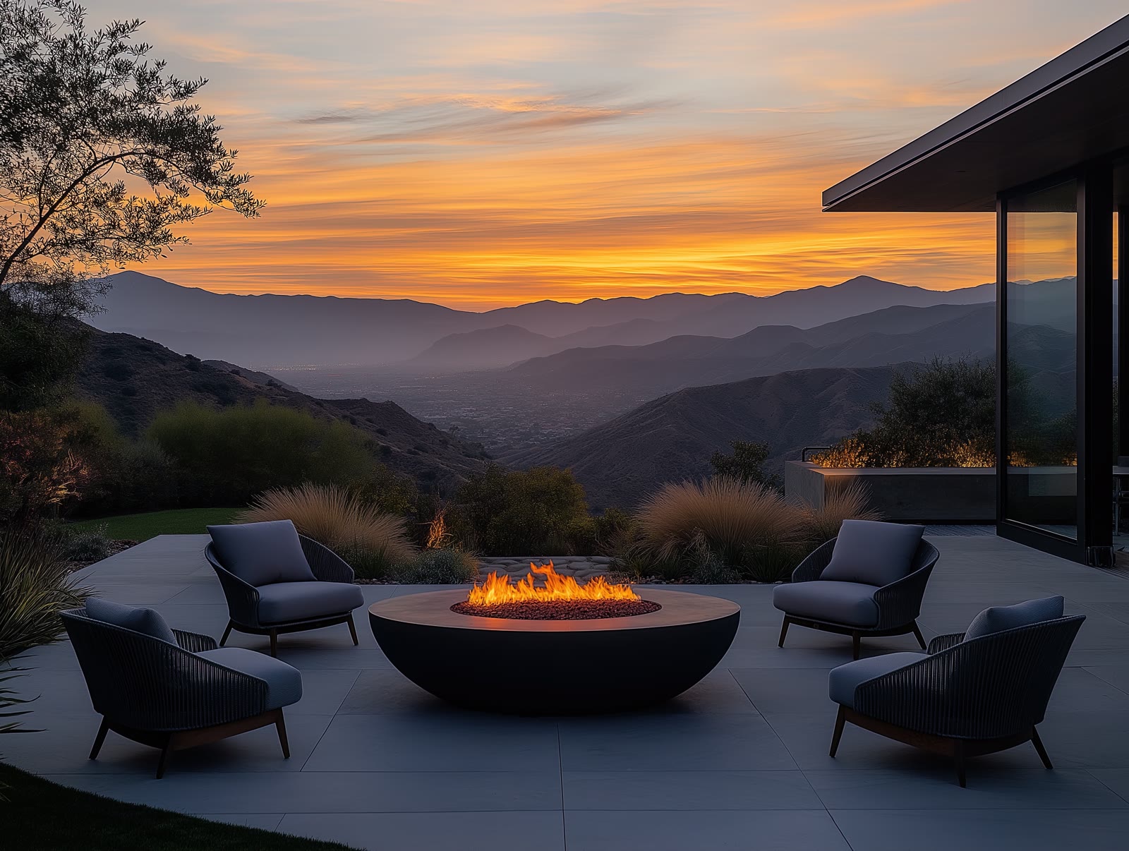 Fire-pit terrace overlooking the valley at sunset