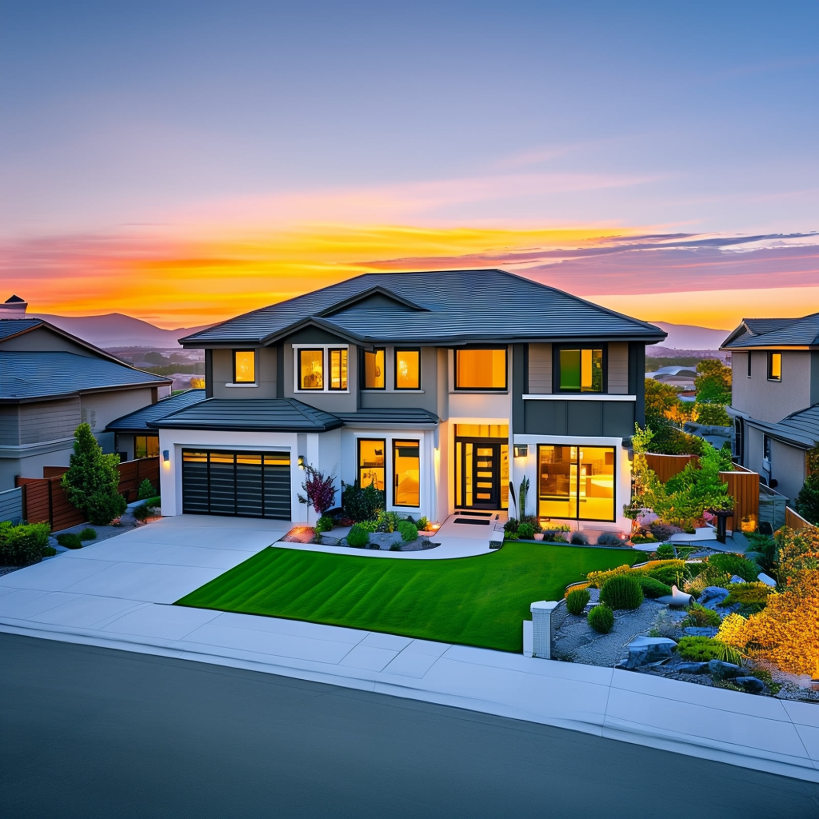 New two-story home at sunset with mountain views