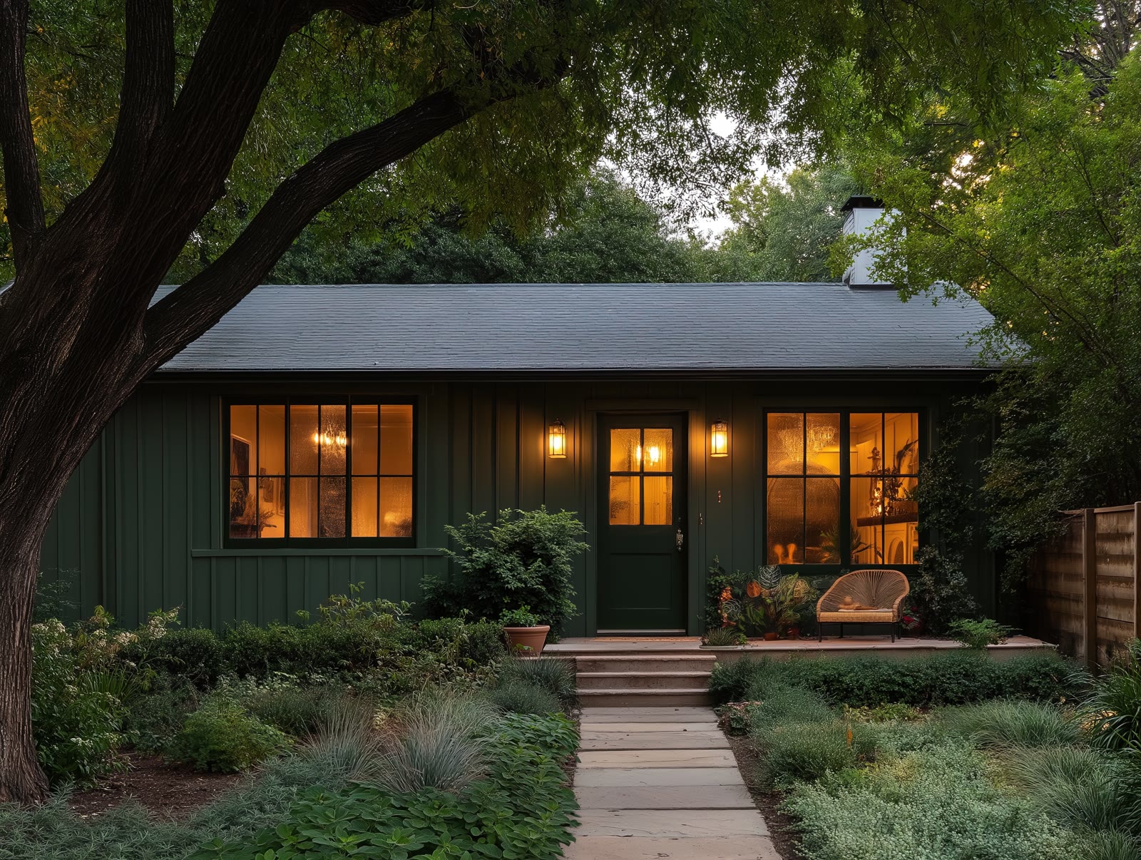 Green cottage at dusk with warm porch lights