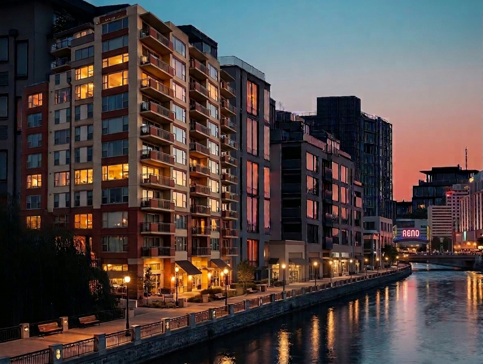Stylized illustration of Riverwalk condos at dusk with the Reno arch