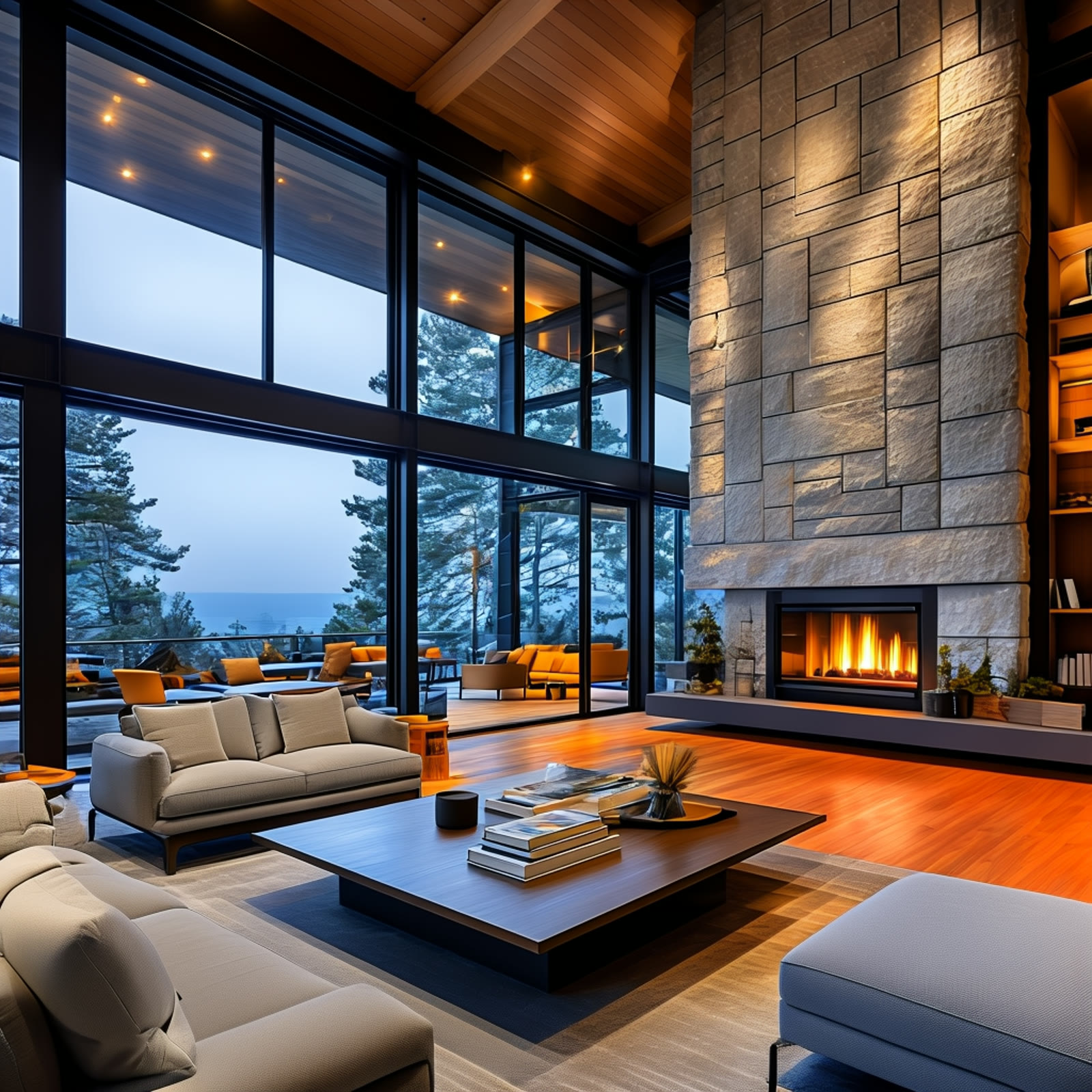 Mountain lodge living room with stone fireplace and lake view