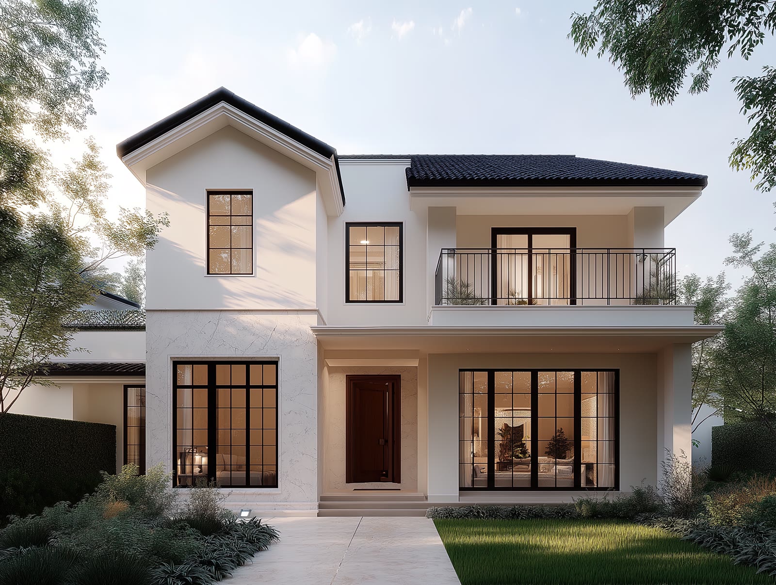 Two-story home exterior at dusk with lit windows