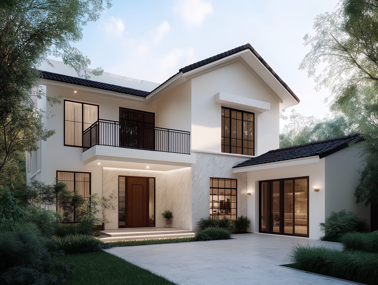 Contemporary house with large windows at golden hour