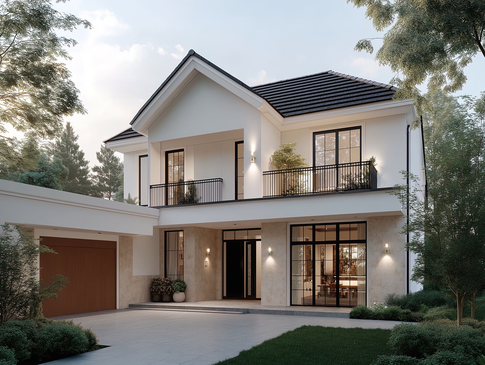White two-story home with balcony