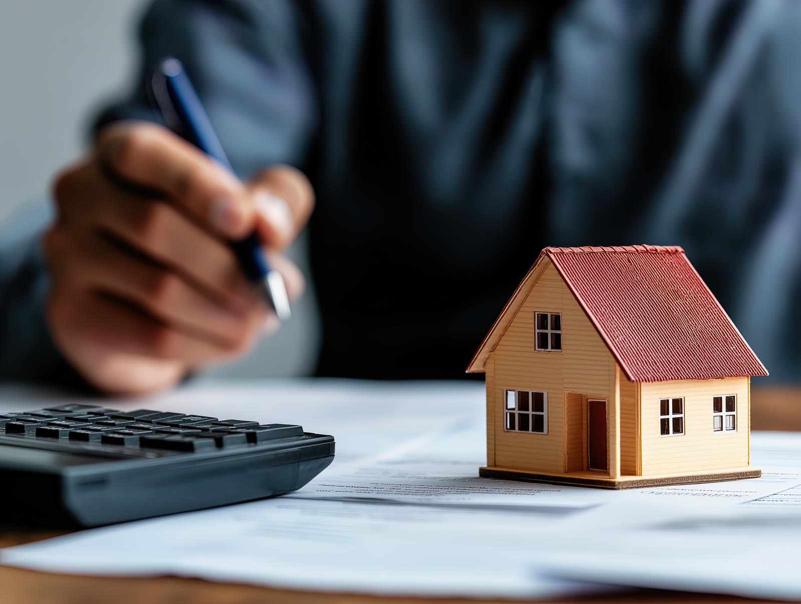 Model house beside a calculator on mortgage paperwork