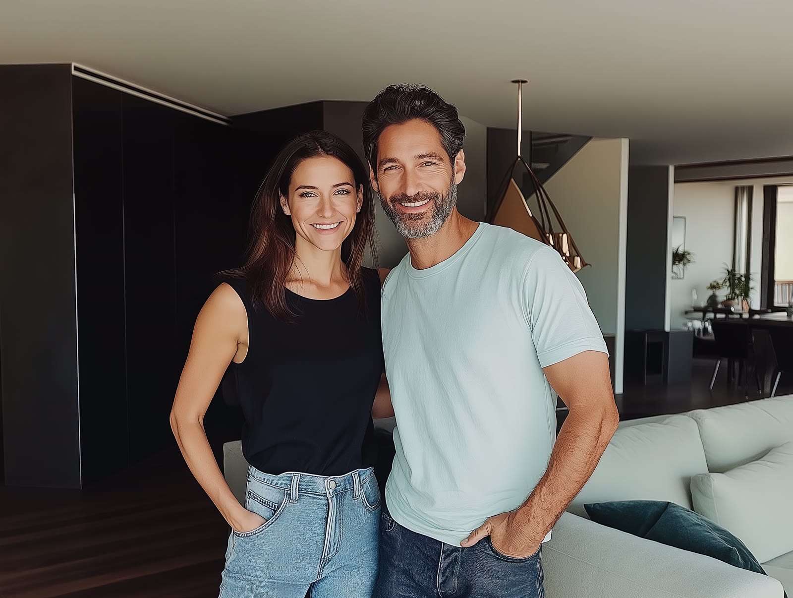 Happy homeowners in their new living room